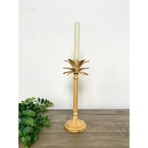 Vintage Yellow Gold Painted Metal Palm Leaf Candle Holder Made in India 10 in